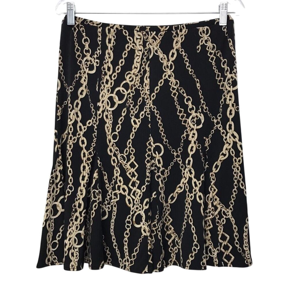 SLB Skirt Womens Medium Petite  Gold Chain Novelty Print A Line Black Brown